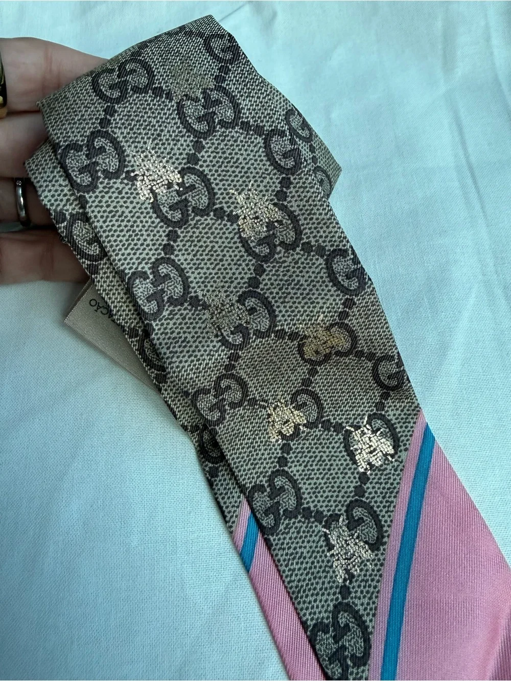 Gucci Beige and Brown GG Silk Twilly with Pink Edge